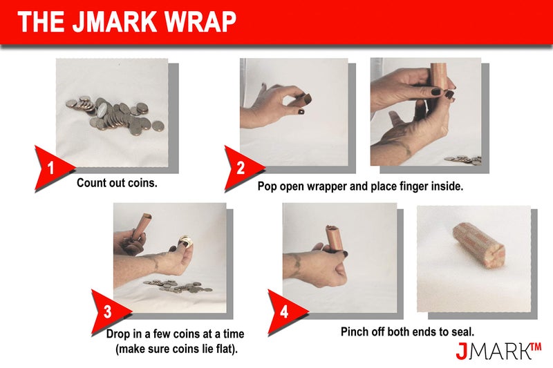 J Mark 400 Neatly-Packed Flat Coin Roll Wrappers Assorted, Made in USA, (Quarters, Dimes, Nickels, Pennies), ABA Striped Kraft Paper Coin Rolls Wrappers, Includes J Mark Deposit Slip - Image 4